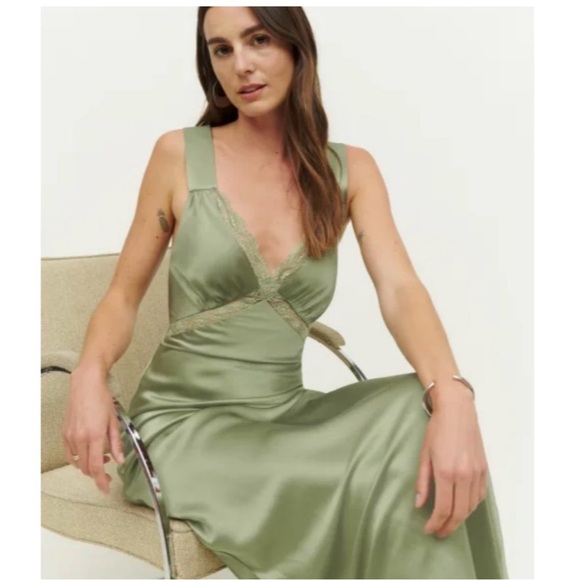 Reformation Chania Silk Dress in Artichoke Green Maxi Sleeveless Lace - Picture 6 of 14
